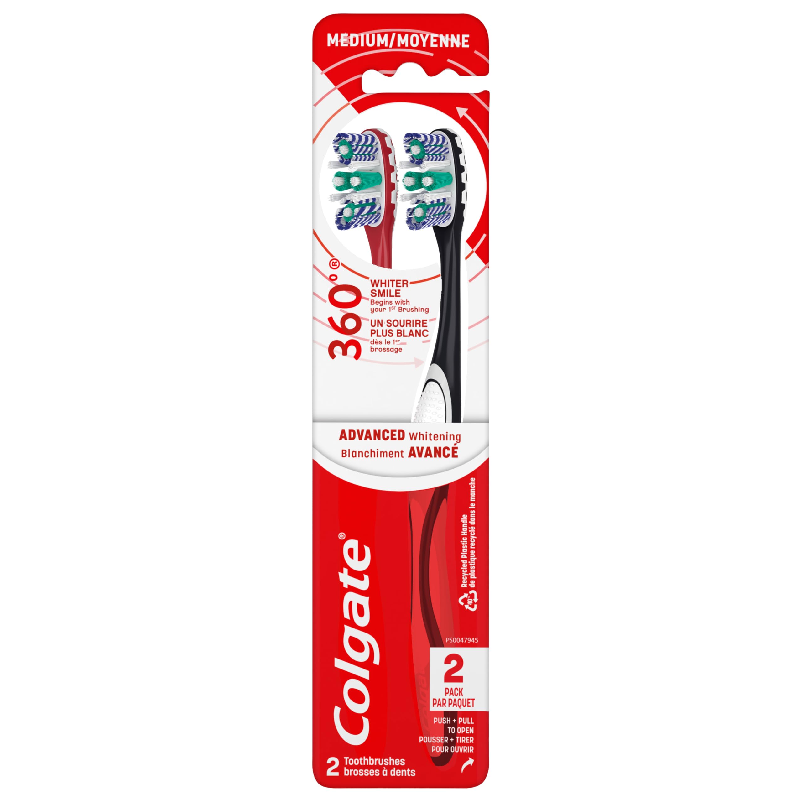 Colgate 360 Optic White Advanced Whitening Toothbrush, Adult Medium with Whitening Cups, Teeth Whitening & Odor Removal,