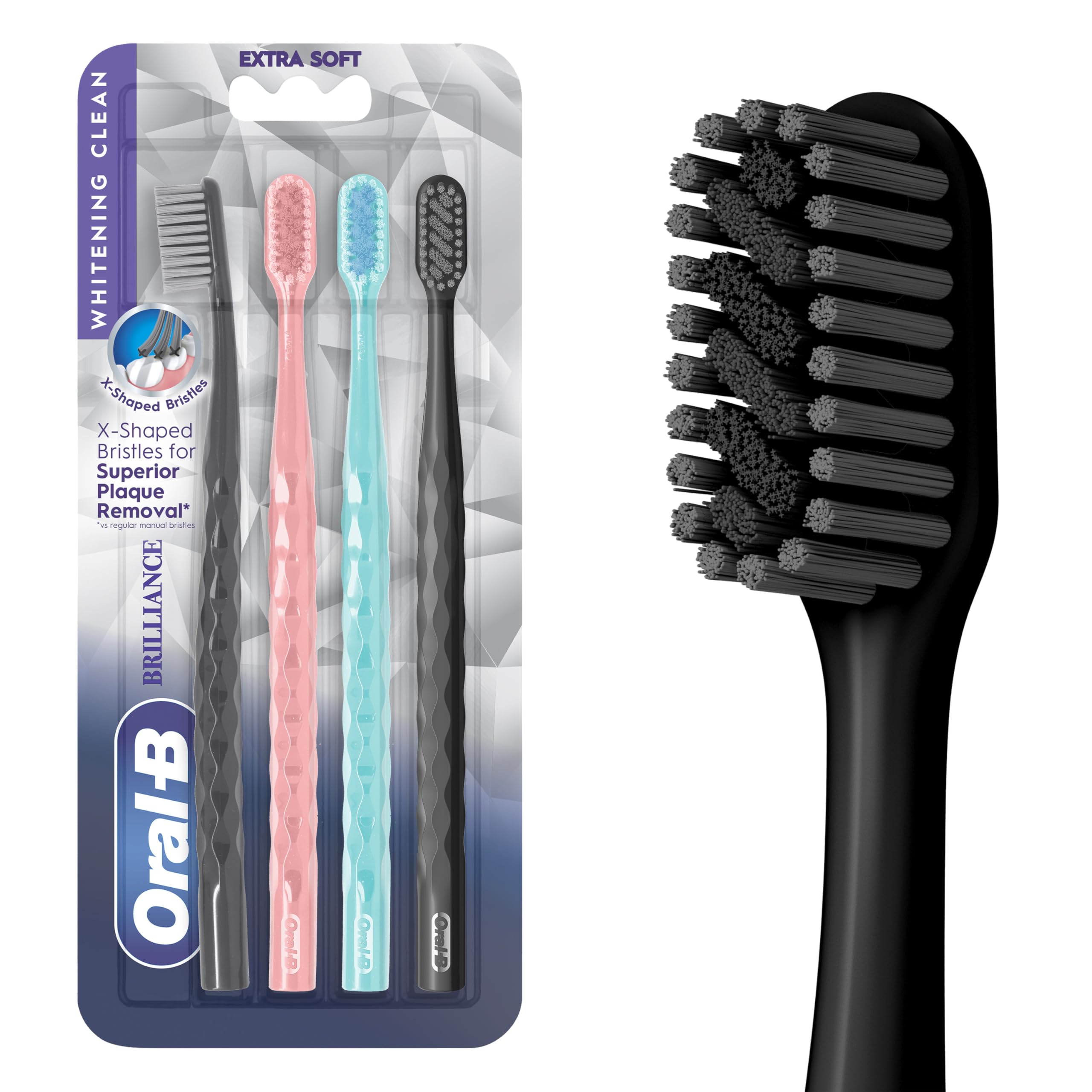 Oral-B Pro Whitening Brilliance Extra Soft Toothbrushes for Teeth Whitening, Black, Coral, and Teal, 4 Count - Teeth Whi